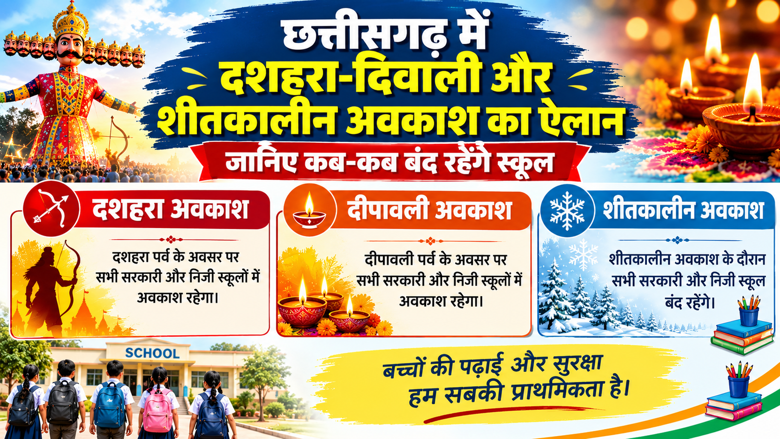 छत्तीसगढ़ में दशहरा-दिवाली और शीतकालीन अवकाश का ऐलान : जानिए कब-कब बंद रहेंगे स्कूल, देखें आदेश